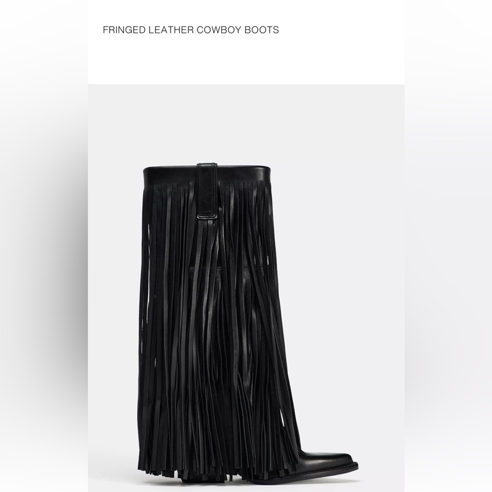Zara NEW Black Fringe leather cowboy Boots